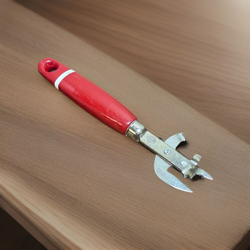 Vintage EKCO Bottle Can Opener Tool Steel Tempered Red & White Handle